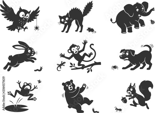 Photography Collection of surprised and scared wild animals in silhouette style for children