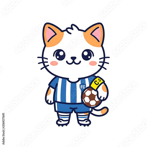 Cute cartoon calico cat soccer captain wearing blue striped jersey and holding a ball isolated on white background for sports mascot