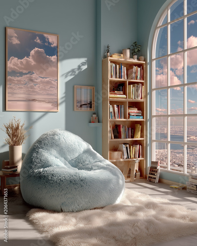 Cozy kids room with blue bean bag chair and bookshelf