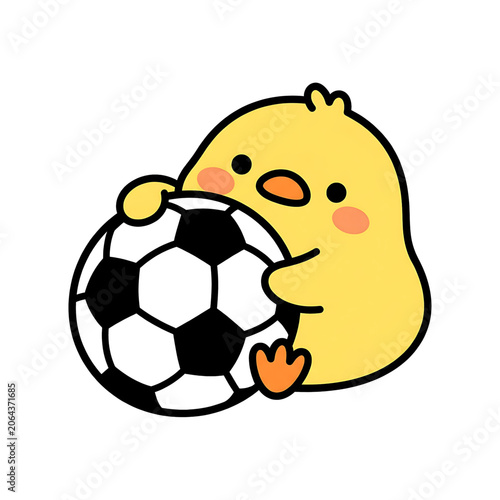 Cute cartoon yellow chick holding a soccer ball illustration for kids and sports enthusiasts in a minimalist flat vector style for decorative projects