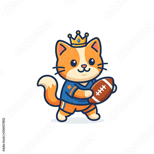 Cute cartoon cat wearing a royal crown and athletic jersey holding a football for a fun sports mascot illustration isolated on a plain white background
