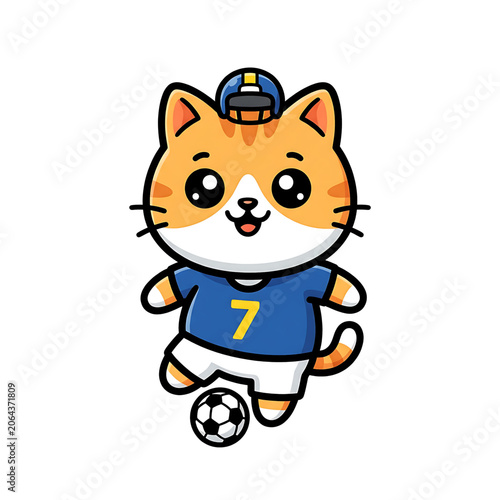 Cute cartoon ginger cat wearing a blue sports jersey and helmet playing soccer ball