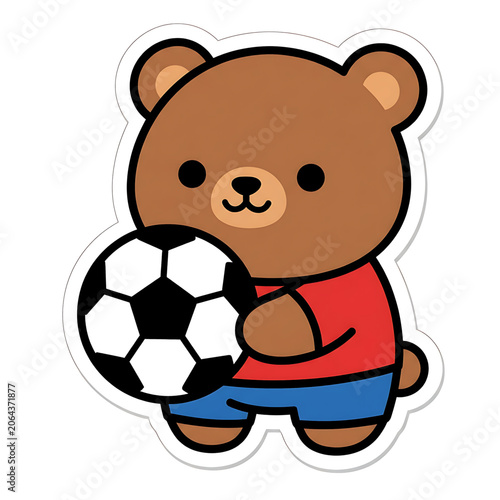 Cute cartoon brown bear holding a soccer ball in a red shirt and blue shorts illustration for kids sports theme projects
