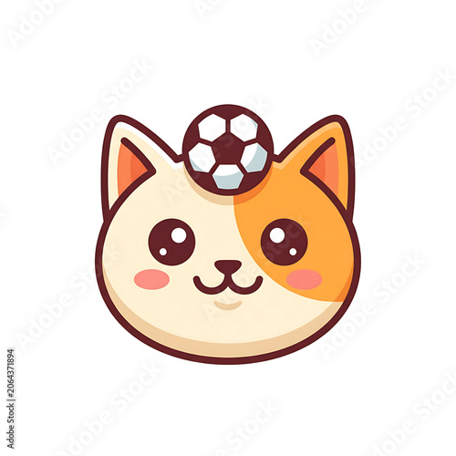 Cartoon cat face with soccer ball on head smiling