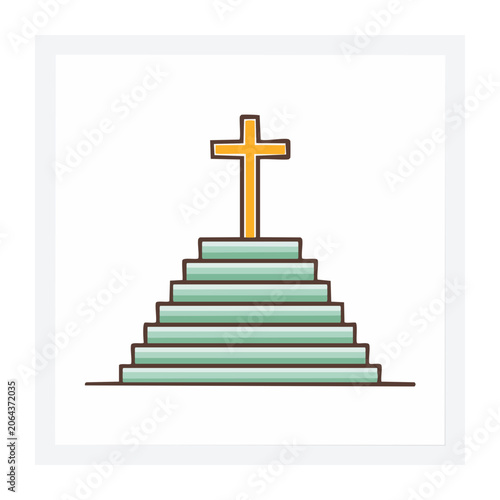 Christian cross on top of stairs, flat design icon