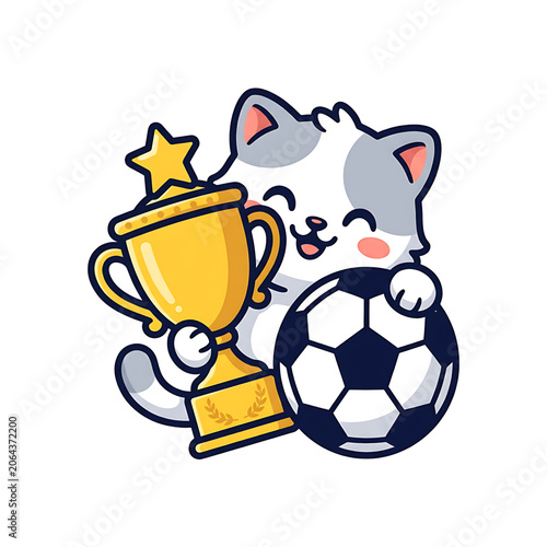 Cute cartoon cat holding a gold championship trophy and a soccer ball for a sports victory celebration vector illustration for kids