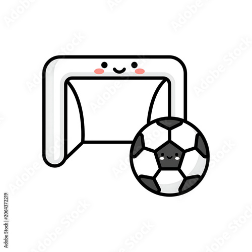 Cute cartoon soccer goal and ball vector illustration featuring friendly smiling faces in a simple minimalist style isolated on a clean white background