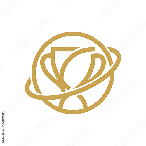 Minimalist gold trophy icon with orbital ring symbolizing global victory and achievement for corporate branding and sports competition award design concepts
