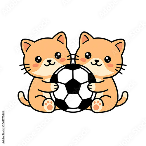Two cute cartoon ginger kittens holding a soccer ball together isolated on a white background for playful sports design