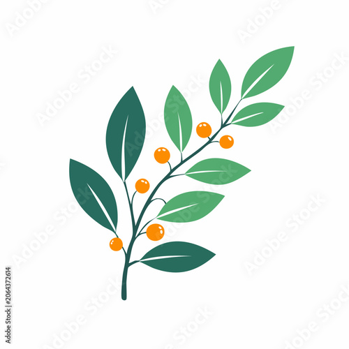 Stylized Branch with Green Leaves and Orange Berries