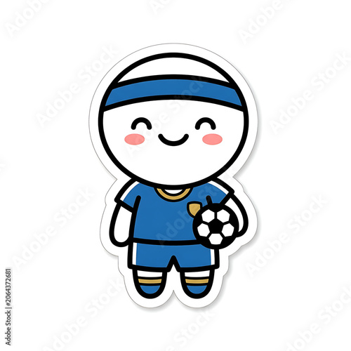 Cartoon boy holds soccer ball smiling blue uniform