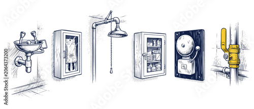 Foto Emergency safety equipment set featuring eyewash, emergency shower, first aid cabinet, fire alarm bell, and valve line art drawing for industrial workplace hazard security regulations concepts
