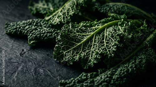 Fresh Green Lacinato Kale Leaves on Dark Textured Stone Background for Healthy Food Concept