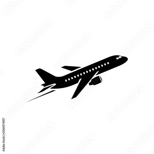 Black silhouette of a passenger airplane taking off on a white background