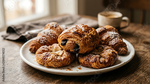 Freshly baked chocolate croissants on a white ceramic plate on a rustic wooden table near a window