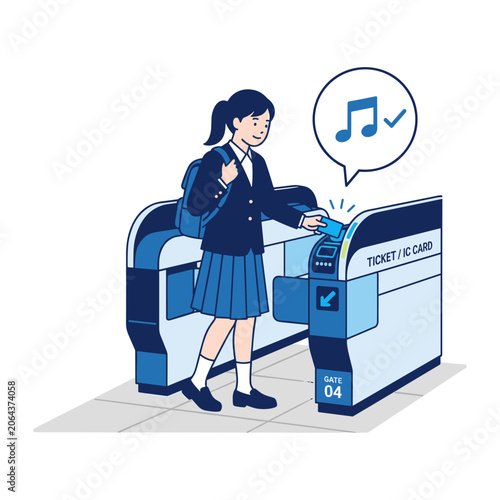 Schoolgirl passing through automatic ticket gate with smart card at train station schoolgirl commuter