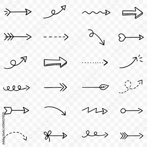 Hand drawn doodle arrow set in black ink style, various sketch direction pointers for graphic design