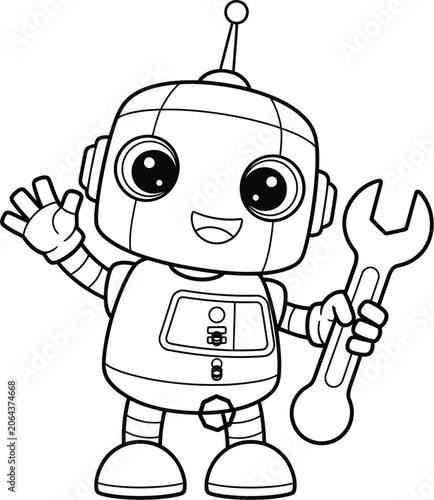 A cheerful cartoon robot with a wrench waving its hand in a friendly gesture.