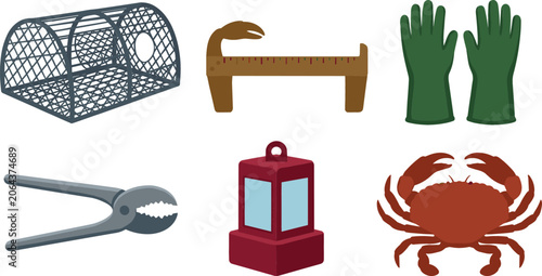 Tableau sur toile Commercial Crabbing and Seafood Harvesting Vector Icon Set Featuring Wire Crab P