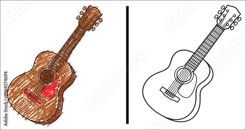 A colored and a line drawn acoustic guitar side by side on white background.