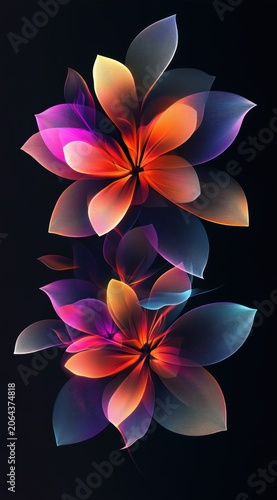 Translucent Multicolor Flowers with Teal Leaves on Dark Background for Abstract Fantasy Decorative Design

