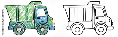 A colored and outlined illustration of two garbage trucks side by side on a white background.
