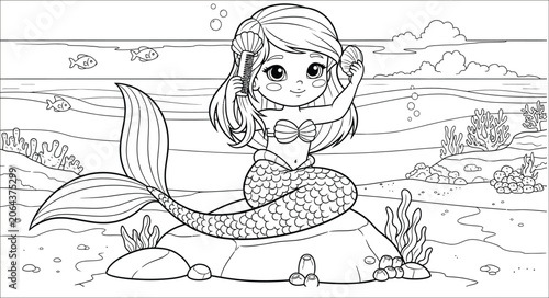 A cute little mermaid sits on an underwater rock formation surrounded by seaweed and ocean.