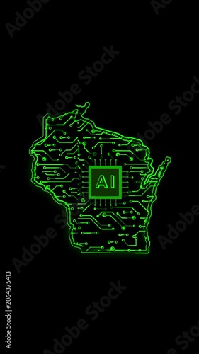 Mobile Vertical Resolution, 2160x3840 Pixels, Wisconsin State (USA) Map Chipset Technology Opener, 
Suitable for USA Elections, US Events, Tech Events and Artificial Intelligence Presentations