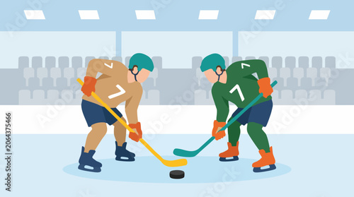 Photography Ice hockey players facing off in a rink, flat design vector illustration