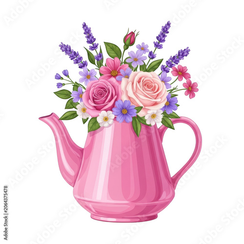 Pink teapot with colorful flowers on top isolated on transparent background