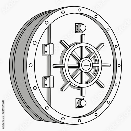 Circular bank vault door illustration with locking mechanism gray lines on a white background