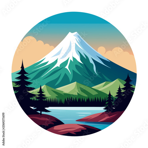Mount Fuji Landscape Illustration With Snow Capped Peak And Forest Circular Composition japan