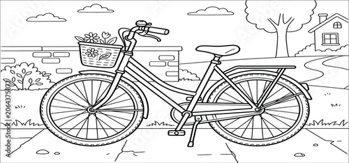A detailed line drawing of a bicycle with a flower basket on a sidewalk in a suburban neighborhood.