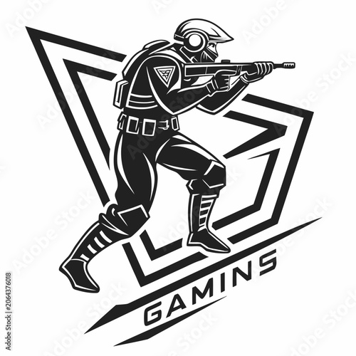 Soldier Silhouette With Rifle And Tactical Gear Black And White Vector Illustration military