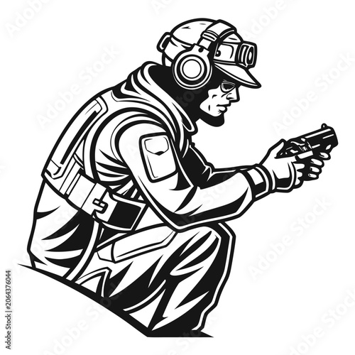 Soldier character illustration in a dynamic pose black and white vector graphic military