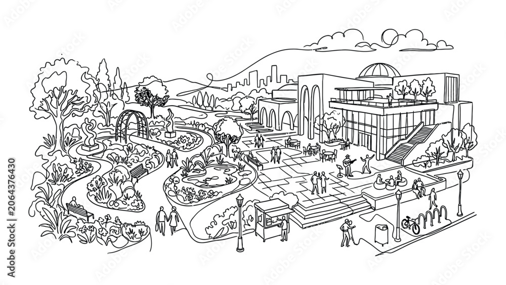 Obraz premium Black and white sketch illustration of a bustling public park and urban architecture.