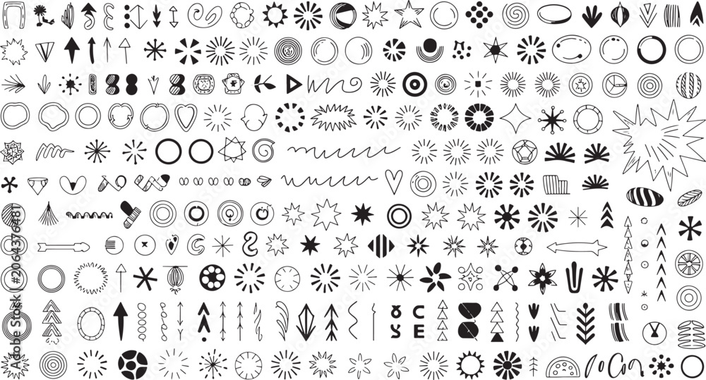 Obraz premium Extensive collection of hand-drawn doodle and symbols in black ink on a white background hand drawn line abstract