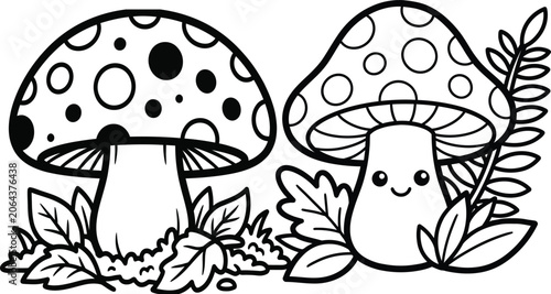 Black and white illustration of two smiling mushrooms with spotted caps surrounded by leaves.