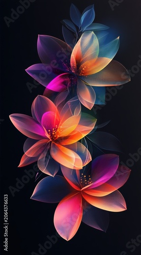 ranslucent Glowing Pink and Orange Flowers with Radiant Veins on Dark Background for Fantasy Abstract Design