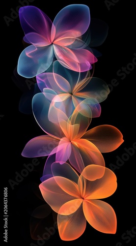 ranslucent Glowing Pink and Orange Flowers with Radiant Veins on Dark Background for Fantasy Abstract Design