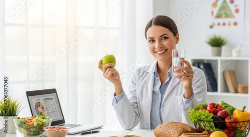 A nutritionist holding a glass of water and an apple in her office.