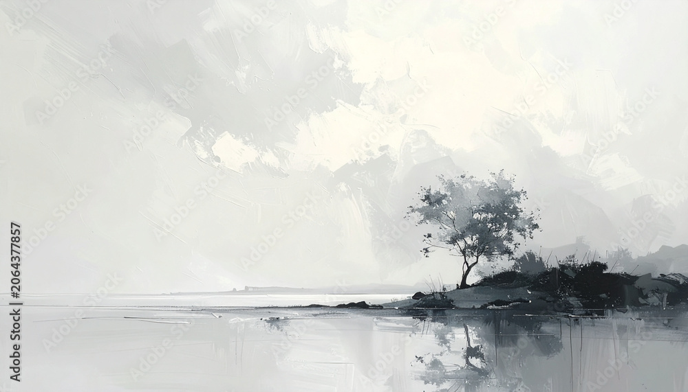 Obraz premium Minimalist Grayscale Oil Painting of Lone Tree by Calm Water