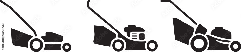 Fototapeta premium Set of lawn mower icons showing different garden equipment for grass cutting and yard maintenance.