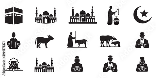 Obraz na plátně Islamic icons set including mosque silhouette kaaba structure ramadan crescent moon and religious prayer people vector
