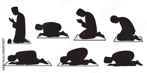 Tableau sur toile Muslim men praying at different stages of salah ritual, depicting islamic worship positions on prayer mats
