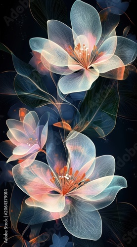 Translucent Glowing Blue and Pink Flowers on Dark Background for Dreamy Abstract Fantasy Design

