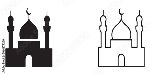 Mosque silhouette icon and outline mosque symbol isolated on white background religious islam.