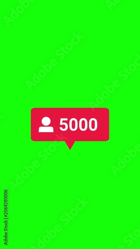 Red social media follower counter notification animation on green screen background