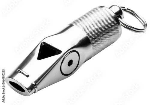 Silver metal whistle with keychain isolated on transparent background, professional sports referee or emergency tool.