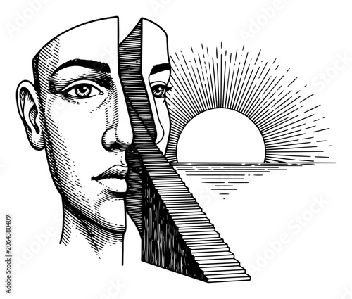 фотографія Split human face with internal staircase leading to sun representing personal gr